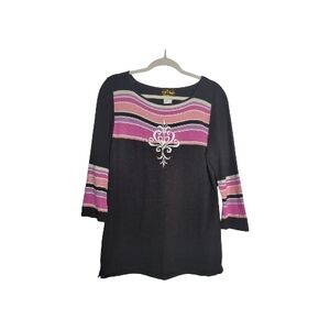 Bob Mackie Black Top with Pink & Cream Stripes and Embroidered Motif